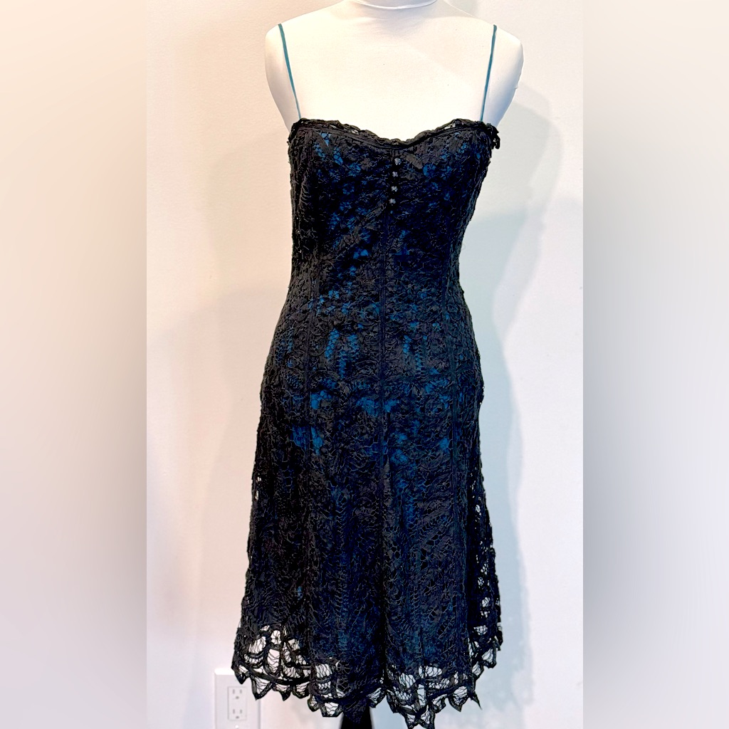 Vintage Betsey Johnson Black/Teal Blue Battenberg Crochet Lace Dress-6